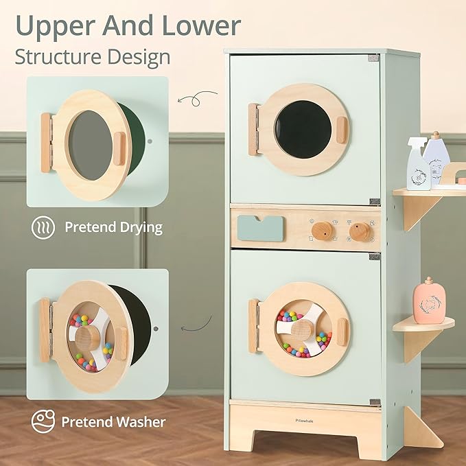 Wooden Washer-Dryer Playset for Kids – 2-in-1 Laundry Center Toy, Dual-Opening Doors, Spinning Drum & Click-Knobs, Basket + Iron Accessories – Montessori Pretend Play Gift Ages 3-6