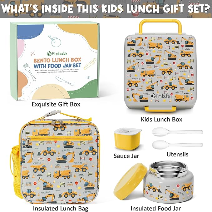 Fimibuke Bento lunch Box Set for Kids Adult with 8oz Insulated Food Jar, Lunch Bag & Sauce Cup, Leakproof Dishwasher Safe Toddler Lunch Food Container with 3-4 Compartment for School Girls Boys