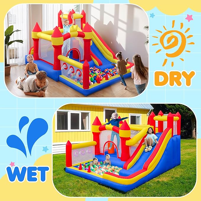 Liaakrr Bounce House, 8-in-1 Bounce House for Kids, Bouncy House with Slide, Climbing Wall, Ball Pit, Obstacles, Trampoline & Basketball Hoop – Includes Blower for Indoor & Outdoor