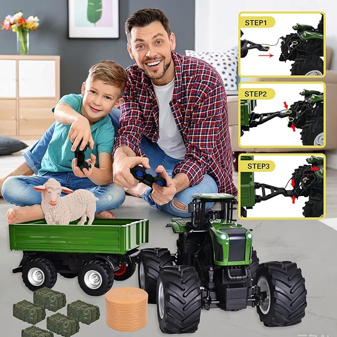Remote Control Tractor Toy with RC Trailer -23.6 Inches 1/16 Scale RC Monster Truck- 2.4GHz Toddlers Farm Vehicle Toys Set for Boys Girls Kids Ages 3-8 Year Old Birthday Gift