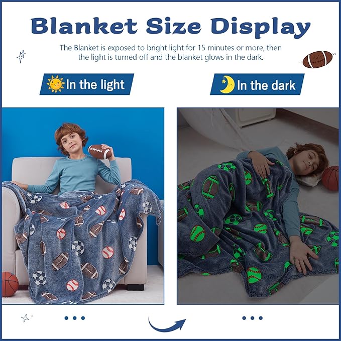 QSTEHEML Soccer Glow in The Dark Blanket,Football Gifts Toys for Kids Boys Age 3-12 Years Old,Birthday, for Toddler, Teen, Son, Soft Luminous Throw Blanket 50"×60"