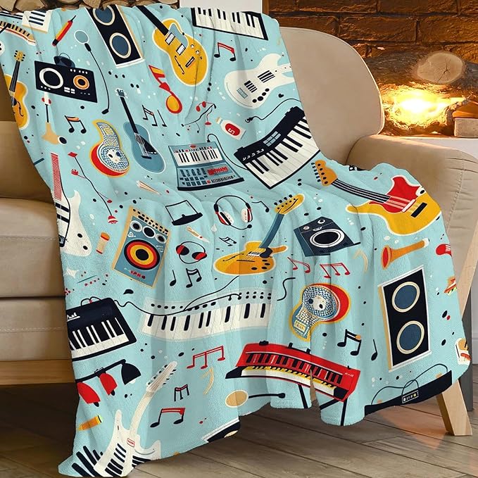 Music Blanket Musical Instruments Note Throw Blanket Gifts for Music Lovers Adults Men Women Kids Boys Girls Super Soft Cozy Plush Fluffy Fuzzy Fleece Blanket Home Decor 60''X80''