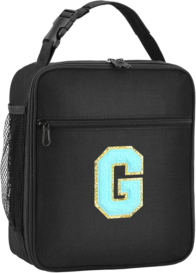 Initial Insulated Lunch Bag, Lunch Box with Initial Letter Patch for Teen Adult, Reusable Lunch Bag for Men Women, Ideal Back to School Gift Birthday Gift, Blue G