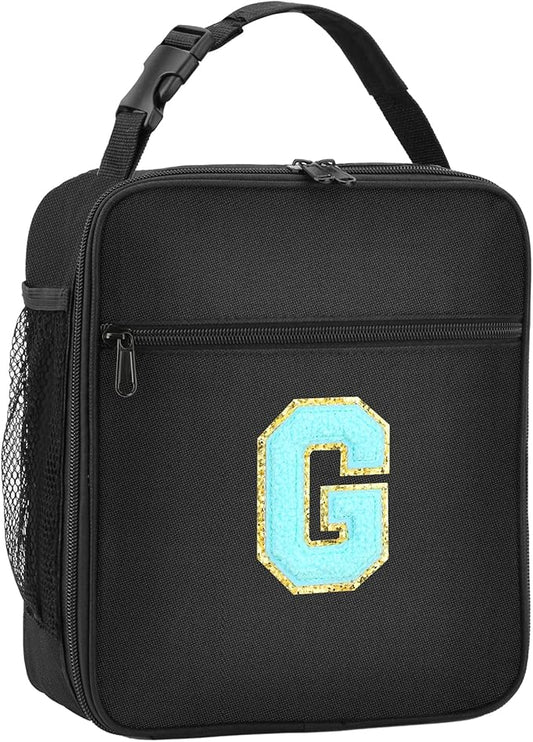 Initial Insulated Lunch Bag, Lunch Box with Initial Letter Patch for Teen Adult, Reusable Lunch Bag for Men Women, Ideal Back to School Gift Birthday Gift, Blue G