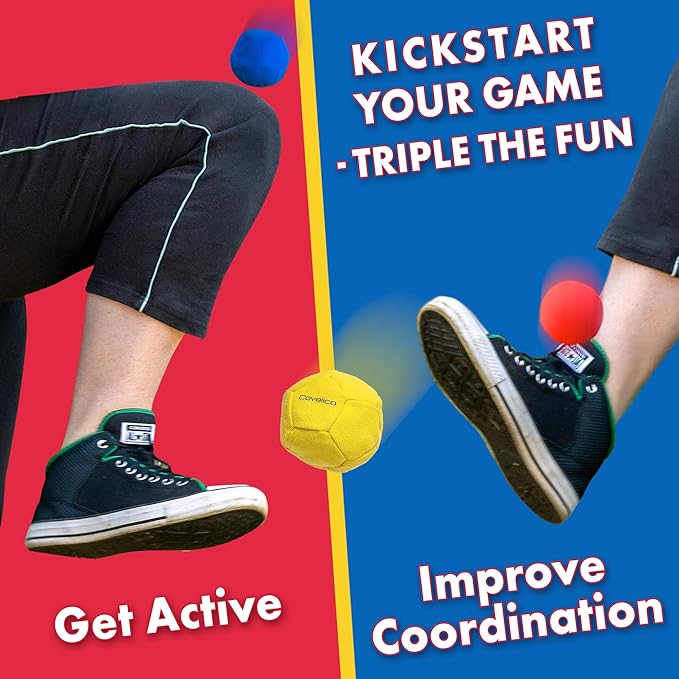 Footbag Hacky Set of 3 for Kids, Teens & Adults. Yellow, Blue & Red Sack - Each 2.28 inch, 1.6oz, Durable Dual Layered Synthetic Suede, Instructions & Stylish Bag, Solo or Group Footbag Game