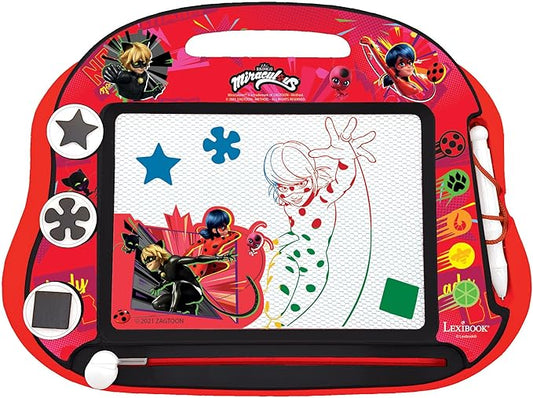 LEXiBOOK, Miraculous Ladybug Cat Noir, Multicolor Magic Magnetic Drawing Board, Artistic Creative Toy for Girls and Boys, Stylus Pen and Stamps, Red/Black, CRMI550