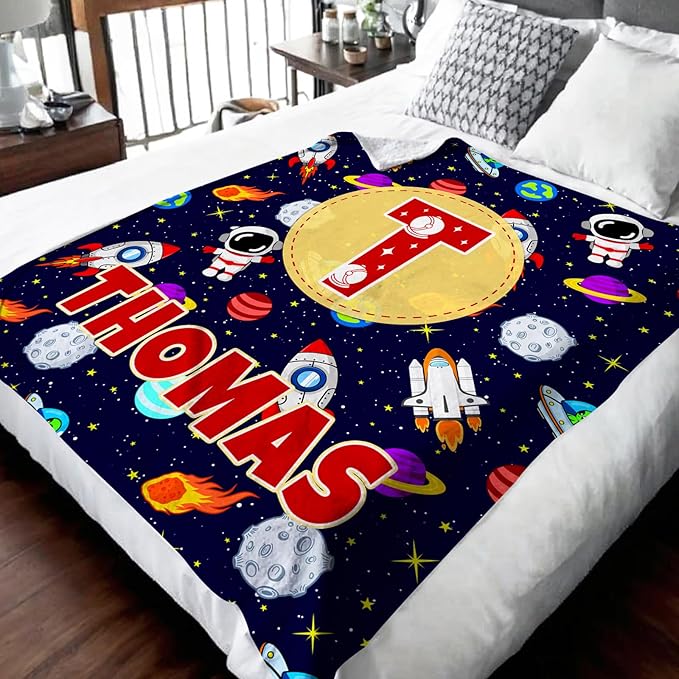 Personalized Blanket Gifts for Kids Boys, Custom Planet Throw Blanket with Initial Letter Soft Cozy Fuzzy Bed Throws, 4 Sizes Optional Kids Blankets for Couch Sofa Bed