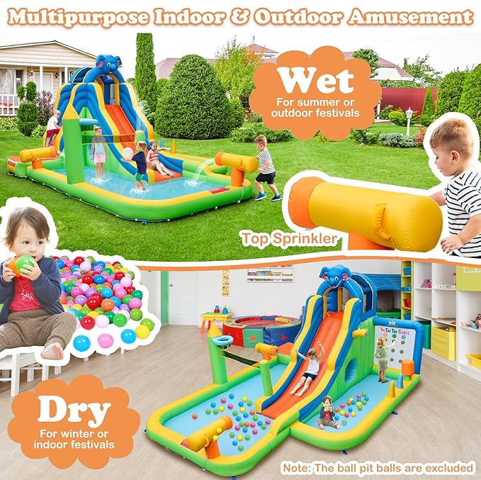 BOUNTECH Inflatable Water Slide, Elephant Surfing Slide Kids Water Park Jump Bouncy Castle w/Blower, 2 Splash Pools, Hide&Seek Cave, Outdoor Water Slides Inflatables for Big Kids Backyard Party Gifts