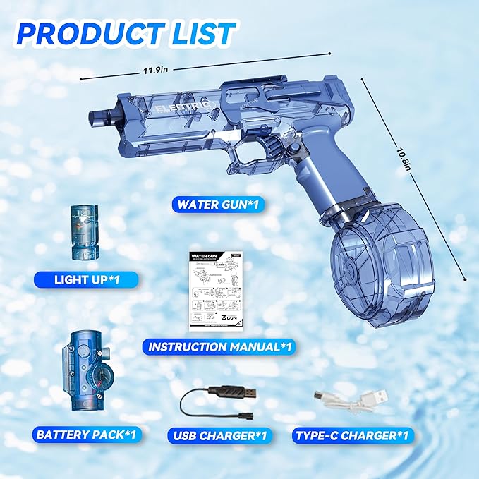 Electric Water Gun with Light Up,28-32 FT, Powerful High Powered Automatic Squirt Gun Fully Auto Water Blaster, Swimming Pool Outdoor Toy Game for Adult&Kid