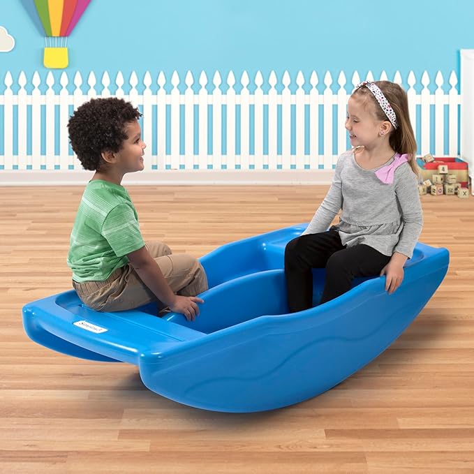 Simplay3 Two Sided Rock and Roll Teeter Totter Seesaw and Climbing Bridge, Fits up to Four Children and Kids for Rocking and Climbing - Indoor/Outdoor, Made in USA (Blue)