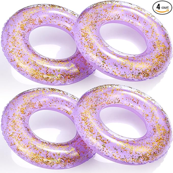 ShinyRelief 4 Pcs Inflatable Glitter Pool Float 30'' Macaron Swim Tube with Gold Confetti Swim Inner Tube for Adults Pool Floats Rings for Summer Beach Swimming Pool Bachelorette Party