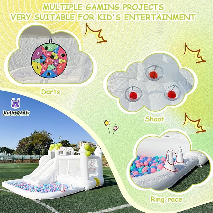 12.5 FT Oxford White Bounce House Bouncing Castle with Two Slides Inflatable Bounce House for Kids with Large Ball Pits Suitable Birthday Party Holiday Decorations and Photography