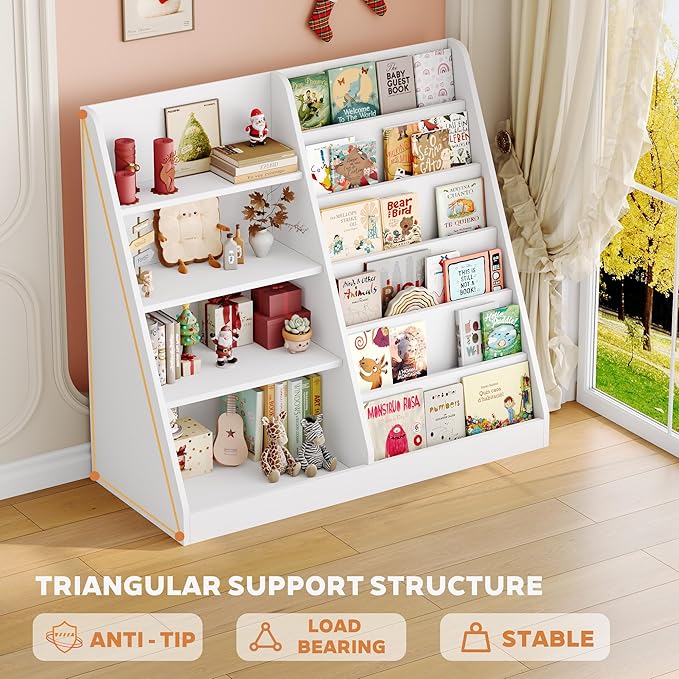 6 Tier Kids Bookshelf and Toy Storage Organizer, Child-Friendly Height & Stable Triangle Design, Toddler Book Shelf for Kids Room, Playroom, Bedroom, Classroom, Nursery, School, White