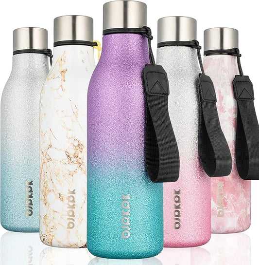 BJPKPK Insulated Water Bottles, 18 oz Stainless Steel Metal Water Bottle with Strap, BPA Free Leak Proof Thermos,Mugs,Flasks, Reusable Water Bottle for Sports & Travel,Sparkling Purple Green
