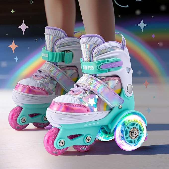 SULIFEEL Rainbow Unicorn 4 Size Adjustable Light up Roller Skates for Girls Boys for Kids