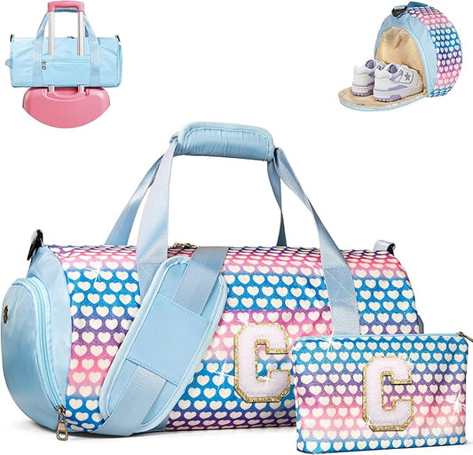 Gifts for 5 6 7 8 9 10 Year Old Girl, Girls Travel Duffel Bag, Kids Initial Overnight Bags with Shoe Compartment, Initial Duffle Bag with Makeup Pouch, Birthday Gift for Kid (Letter C)