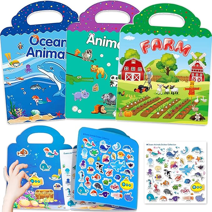 Reusable Sticker Books for Kids, 3 Sets Travel Removable Toddler Sticker Books for 3 4 5 Year Old Girls Boys Birthday Gifts Educational Learning Toys for Age 3-6 - Ocean & Zoo Animal, Farm