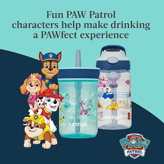 Contigo Paw Patrol Kids 14oz Plastic Water Bottles Aubrey Design with Spill-Proof Lid Silicone Straw 2-Pack Convenient for Travel/Home/School Use Dishwasher Safe