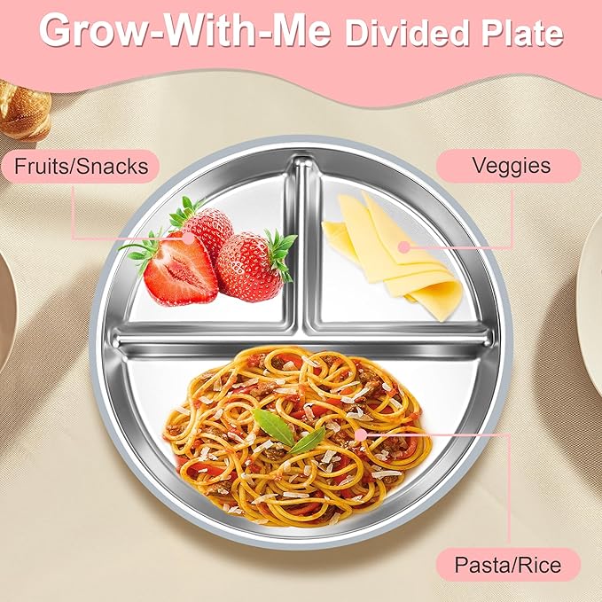 Bella’s Friends Stainless Steel Baby Plates with Suction 3 Pack, 8” Divided Toddler Plates with Removable Silicone Sleeves for Mess-Free Feeding, Non-Toxic, Non-Slip, Dishwasher Safe, beige,gray,green