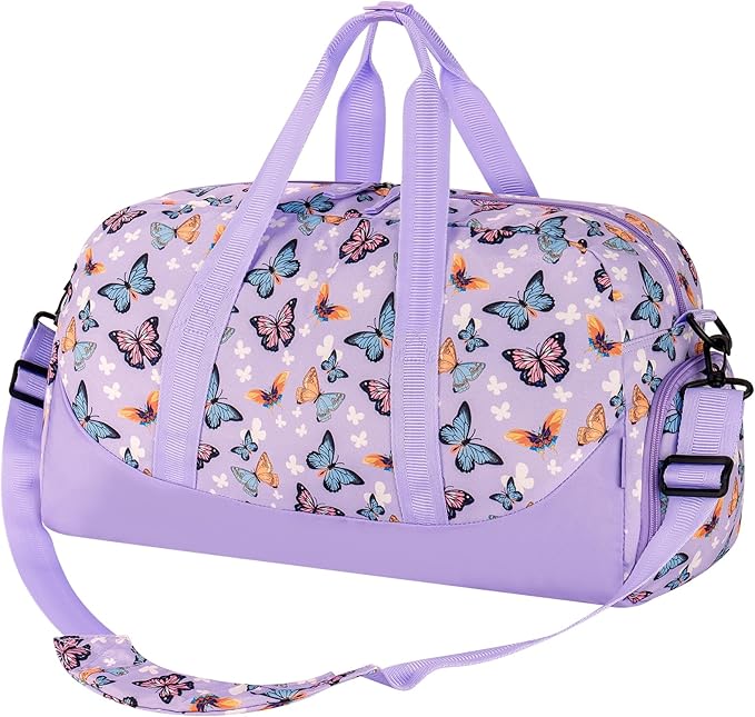 Choco Mocha Duffle Bag Kids Girls - Butterfly Overnight Bags for Kid with Shoes Compartment, Cute Weekender Bag for Sleepover Travel, Violet Purple