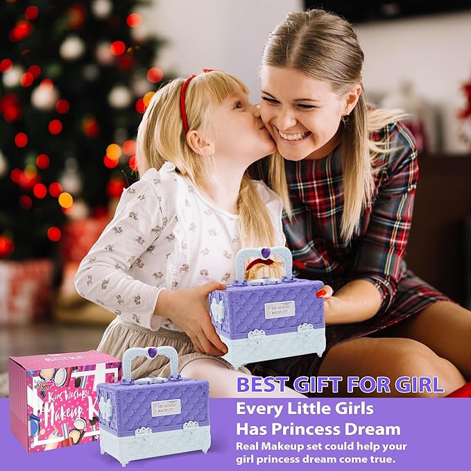 Kids Makeup Sets for Girls - 52 PCS Safe and Washable Makeup for Kids, Real Toddler Makeup Kit with Cosmetic Case, Girls Toys Age 4-12, Princess Toys Birthday Gifts(Dark Purple)