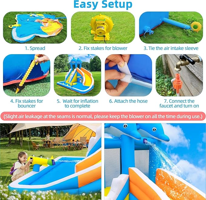 TOAOB Inflatable Water Slide,5 in 1 Dolphin Inflatable Bounce House for Kids- Climbing Wall Splash Pool Water Cannon Basketball Rim - 480W Blower - for Indoor Outdoor Backyard Birthday Party