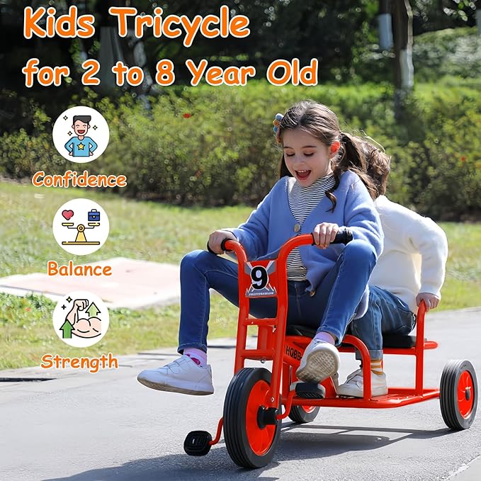 Kids Tricycle for Ages 2-8, Kids Trike Bike, Preschool Daycare Tandem Tricycle with Adjustable Seat, Airless Rubber Tires and Rear Padded Seat, Gift for Boys and Girls