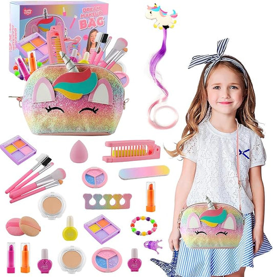 21 Pcs Kids Makeup Kit for Girls with Large Unicorn Travel Makeup Organizer, Washable Pretend Cosmetic Play Set with Portable Vanity Makeup Bag, Princess Make Up Gifts for Girls Ages 3+