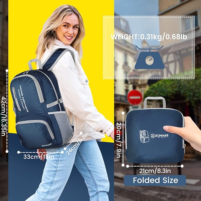ZOMAKE Lightweight Packable Backpack, 35L Light Foldable Hiking Backpacks Water Resistant Collapsible Daypack for Travel(Navy Blue)