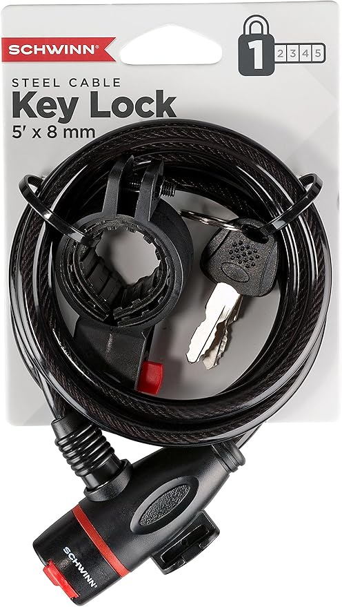 Schwinn Bike Key Cable Lock in Braided Steel Cable, 5 feet x 8mm Anti Theft Bike Lock, Security Level 1