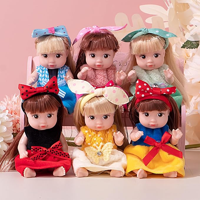 6 Pack 4 Inch Mini Fashion Doll Collection - 6 Unique Stylable Hair Dolls with Rotatable Limbs & Cute Outfits | Collectible Toy Gift for Kids