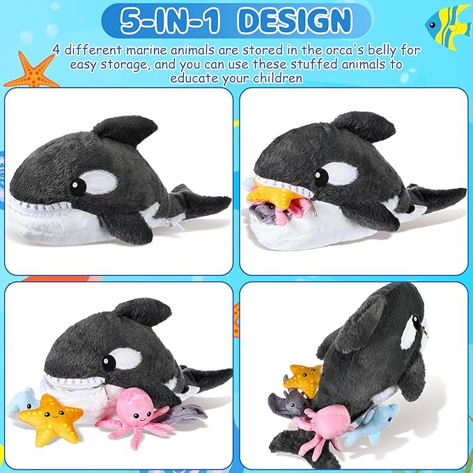 Syhood 5 Pieces Sea Stuffed Animals Plush Set Include 1 Large Whale Plush Doll with Small Starfish Dolphin Octopus Ray Stuffed Toy for Huggable Sleeping Holiday Birthday Gifts