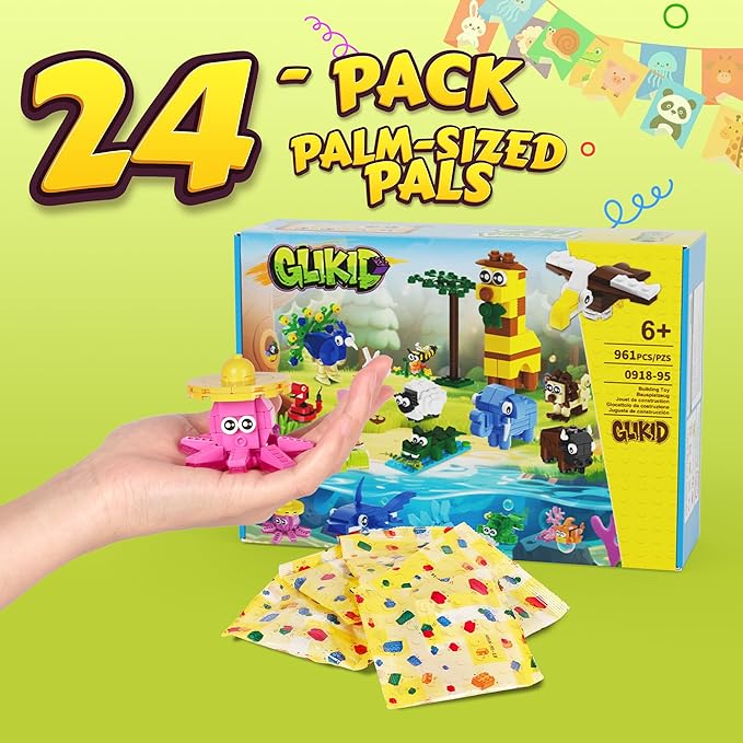 24 Packs Party Favors for Kids 4-8 8-12, 961 PCS Mini Animal Building Blocks Blind Bags for Birthday Goodie Bags, Treasure Box Toys for Classroom, Pinata Stuffers