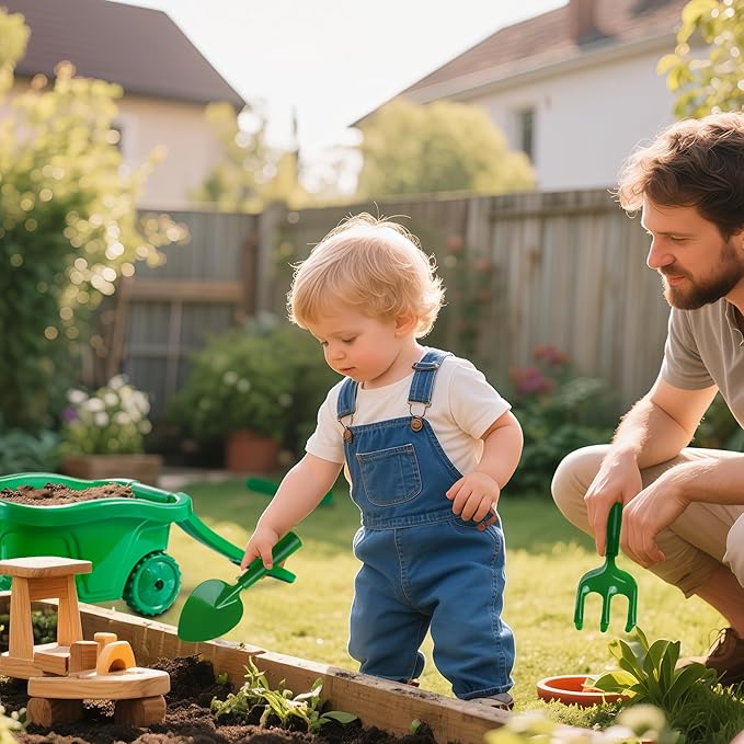 Duckura Kids Gardening Tools Set - 7pcs Wheelbarrow Set for Kids with Shovel, Rake, Leaf Rake, Summer Outdoor Yard Digging Weed Toys, Halloween Birthday Gifts for Boys Girls Age 3+ Years Old(Green)