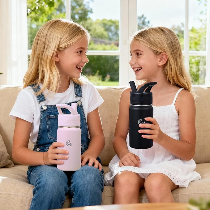 2 Pack Kids Water Bottle,14oz Stainless Steel Insulated Water Tumbler Leak-Proof,School Water Mug,Small and Portable,Suitable for Boys and Girls to Use(Black + Pink)