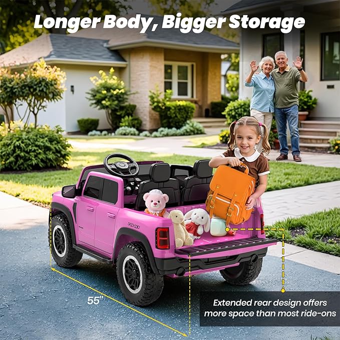 Licensed RAM 1500 RHO 24V Ride on Car for Kids, 2 Seater Pink Car for Girls w/Remote Control, Kids Electric Car with LED Lights, Bluetooth, Music, 4 Wheels Suspension, Truck Bed Storage(Pink)