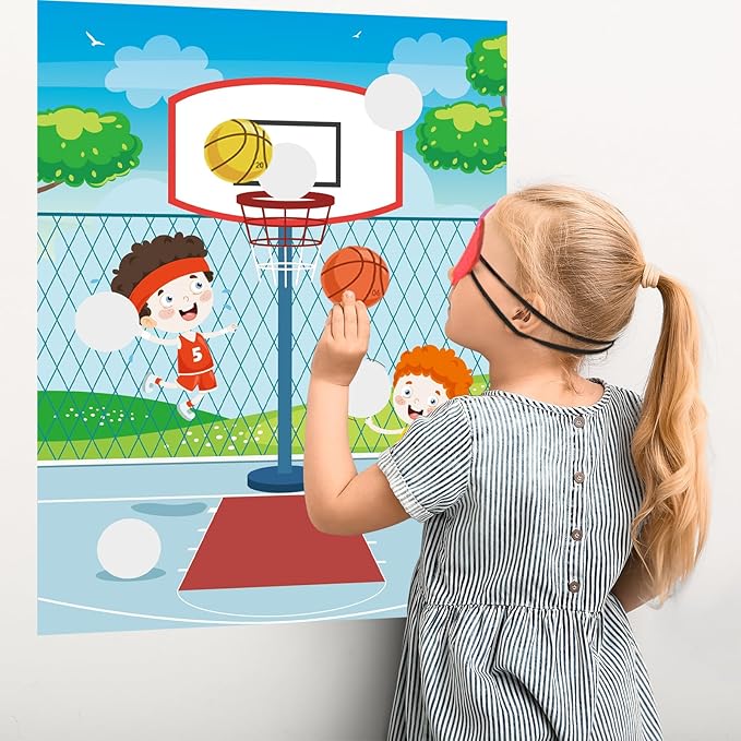 PLULON Basketball Party Game Pin The Basketball On The Hoop Birthday Party Game for Kids Large Basketball Poster with Basketball Stickers for Boy Girl Classroom Activities Birthday Party Decorations