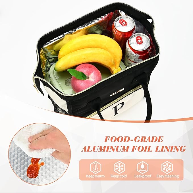 Personalized Lunch Box for Women, Initial Reusable Insulated Lunch Bag, Wide-Open Adult Lunchbox Cooler Lunchbag, Leakproof Lunch Tote for Picnic Work Outdoors, Christmas Gift for Women, V