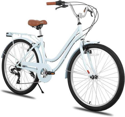 HILAND 26 inch Beach Cruiser Bike for Men and Women, 7 Speed Step-Through Frame Adult Bicycle with Rear Rack, Retrospec Bike Commuter City Bicycle