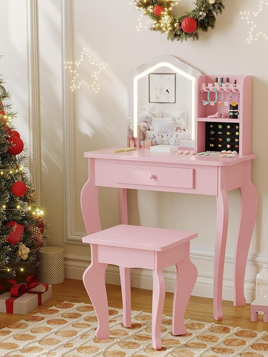 Garvee Kids Vanity with Lighted Mirror, Little Girl Vanity and Stool, Toddler Makeup Table Set and Makeup Playset for 3-8 Girls, Pink