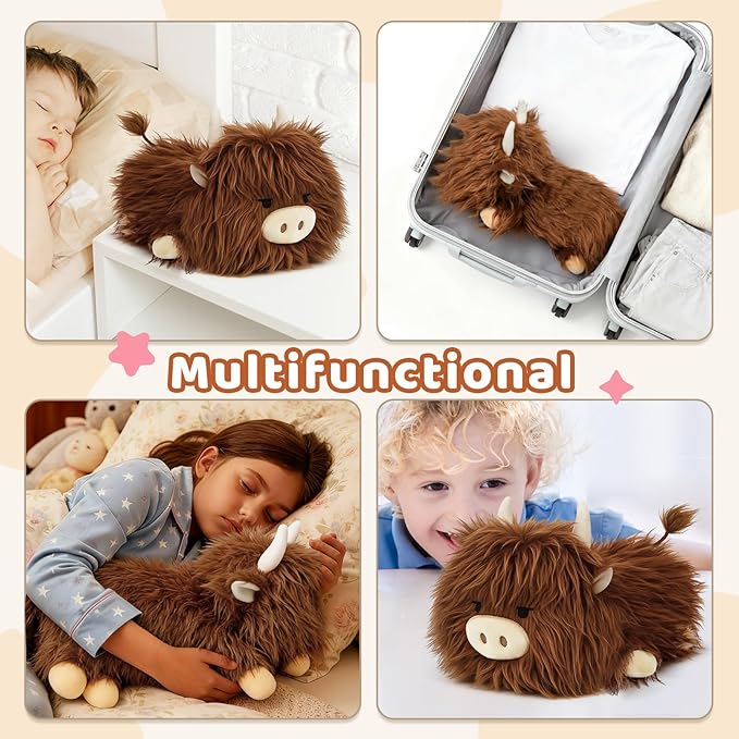 Puffpals Weighted Plush, Cute Highland Cow Weighted Stuffed Animal with Beads, Soft Sensory Plush Pillow Toy for Kids & Adults (13.4in, 1.7lbs)