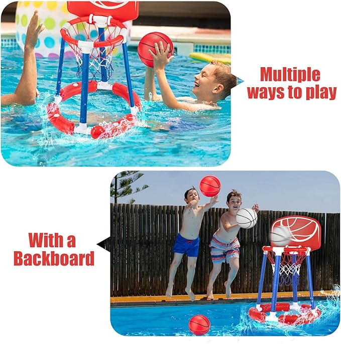Pool Basketball Hoop with Backboard, Floating Pool Toy for Kids, Inflatbale Pool Basketball Outdoor Toys with 4 Balls & Pump for Swimming Pool, Water Summer Game for Kids Adults, Red