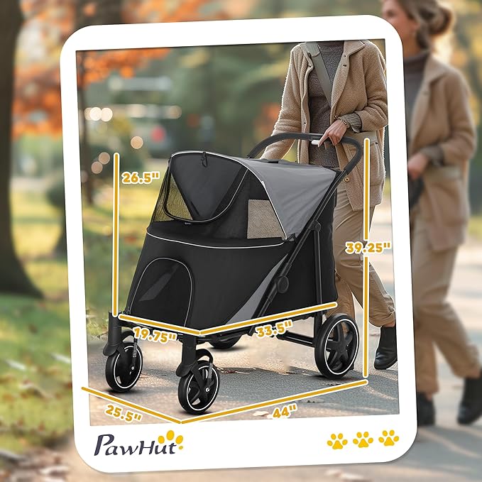 PawHut Dog Stroller for Large Medium Small Dogs up to 66 Lbs. 23.5" in Body Length, One-Click Foldable Pet Cat Stroller with Storage, Shock Absorption Wheels, Mesh Window, Safety Leash, Gray