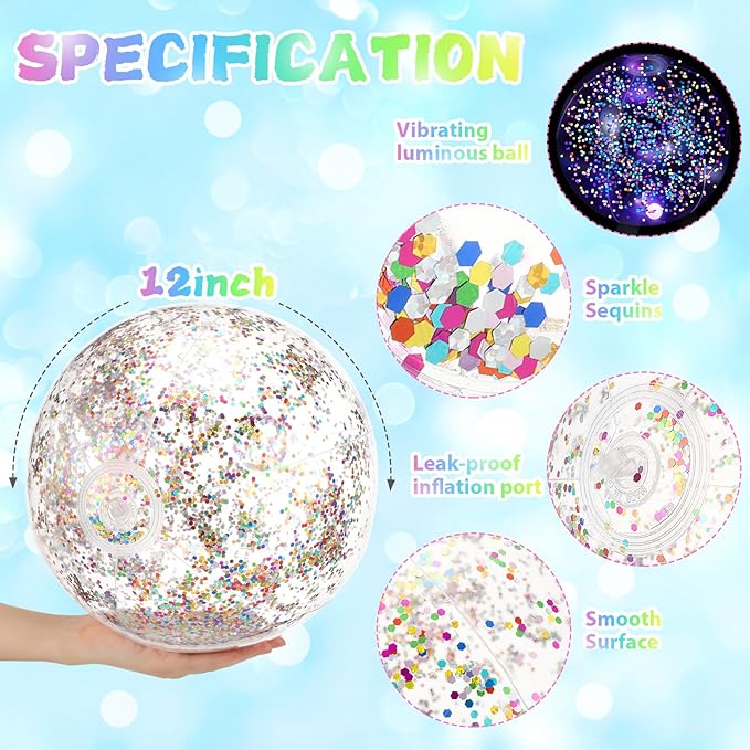 12 Pack 12 Inch Glow in The Dark LED Beach Ball Jumbo Confetti Glitters Inflatable Ball Swimming Pool for Party Pool Summer(Colorful)