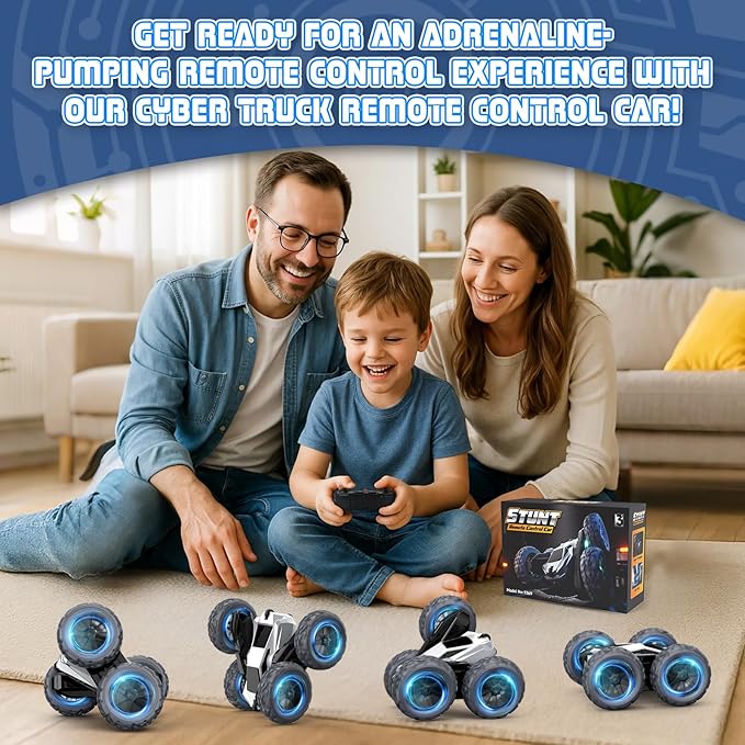 Remote Control Car for Boys, RC Monster Truck, USB Rechargeable 4WD RC Cars, 2.4Ghz Double Sided 360° Rotating Stunt Car, RC Cyber Toy Vehicle with LED Lights, Xmas/Birthday Gift for Kids Age 3+
