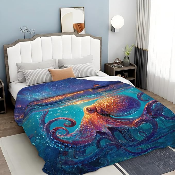 Octopus Blanket Gifts for Women, Ocean Nautical Fleece Blanket Gifts for Boys Girls, Warm Cozy Soft Flannel Throw Stuff for Bed Sofa Couch 60" x 50"