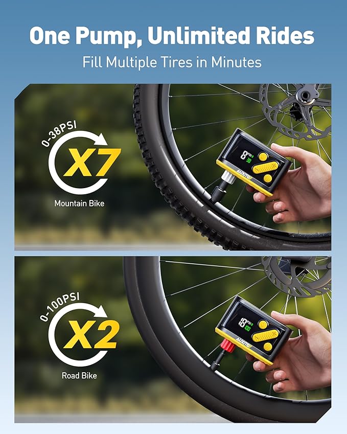 AUXITO Bike Pump, Mini Electric Bicycle Pump with Guage 20s Fast Inflate, 120PSI Bike Tire Pump with Presta & Schrader Valve Adaptor, Bike Accessories for Road Mountain Bike, E-Bike, Motorcycle