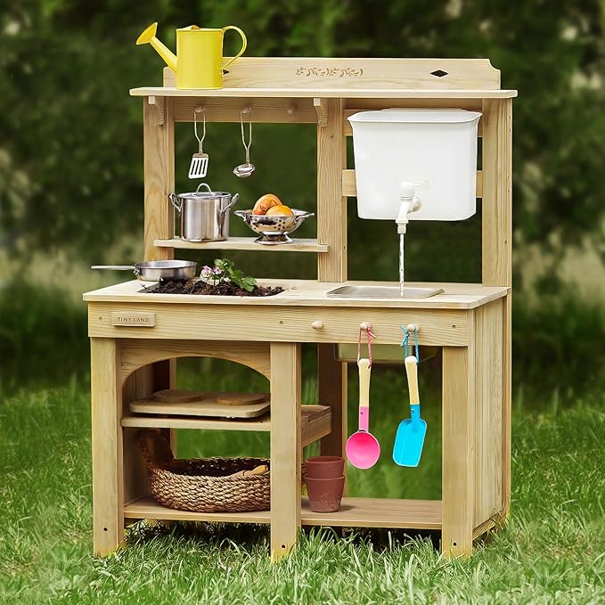 Tiny Land Outdoor Mud Kitchen for Kids, Wooden Play Kitchen with Water Tank, Water Play, Cooking, & Sensory Fun, Durable & Weather-Resistant Design with Storage, Gift for Ages 3+