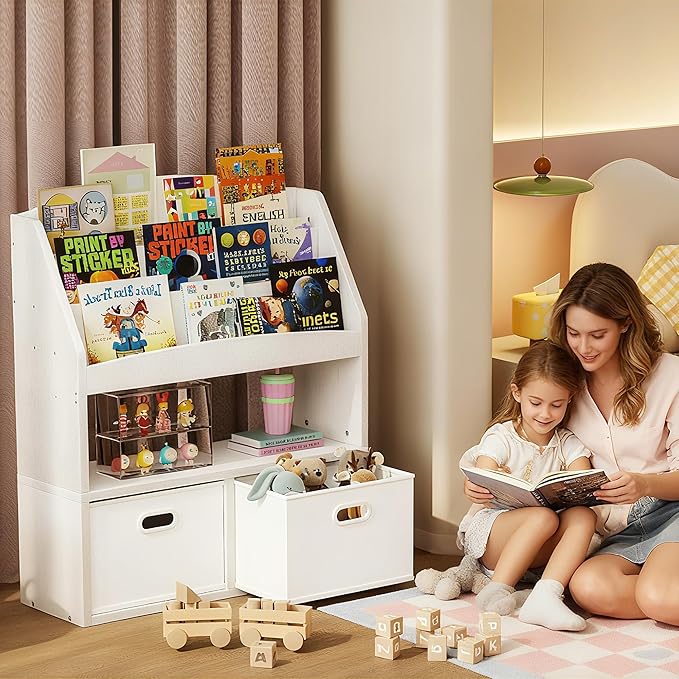 Homeiju Kids Bookshelf & Toy Storage Organizer with 2 Fabric Bins, 3 Tier Children Book Shelf, Toddler Bookcase for Toddler, Kids Room, Toys, Nursery, Playroom, White