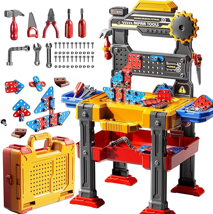 2 in 1 Workbench Tools Toys Set with Sound for Toddlers Aged 3-5, 145 PCS Educational Construction Mechanic Toolbox for Boys Girls, Pretend Play Toys Birthday Gift for Kids 3 4 5 6 Years Old